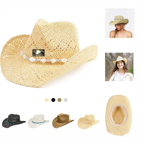 Straw Cowboy Hat for Women with Beaded Trim