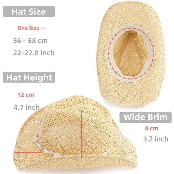 Straw Cowboy Hat for Women with Beaded Trim