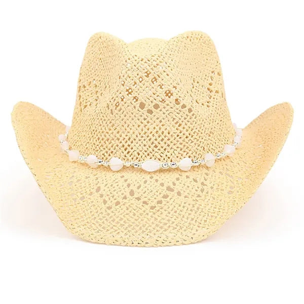 Straw Cowboy Hat for Women with Beaded Trim