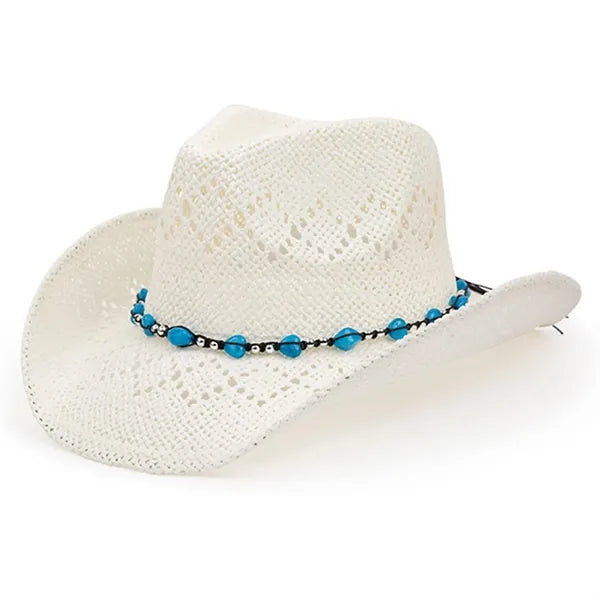 Straw Cowboy Hat for Women with Beaded Trim