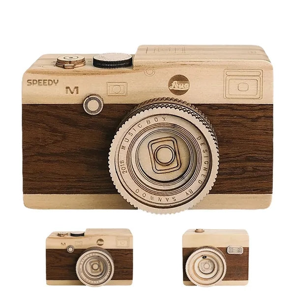 Retro Engraved Wooden Camera Musical Box