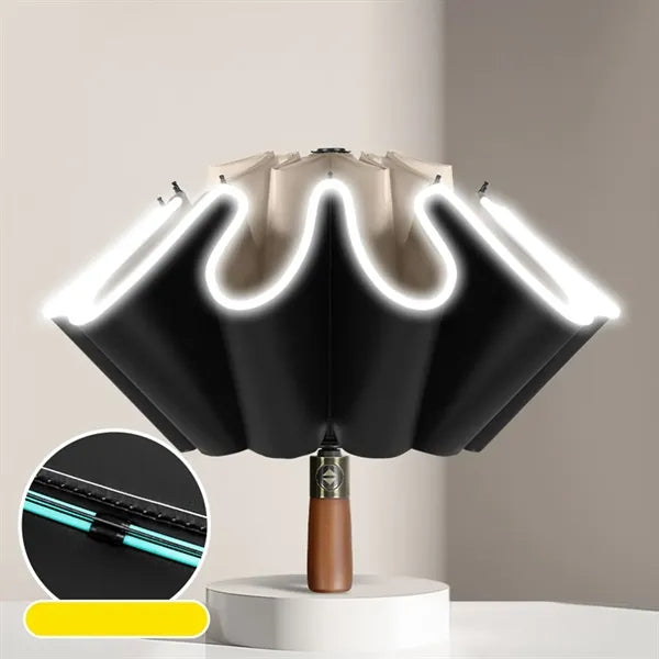Wooden Handle Folding Automatic Reflectiv Inverted Umbrella