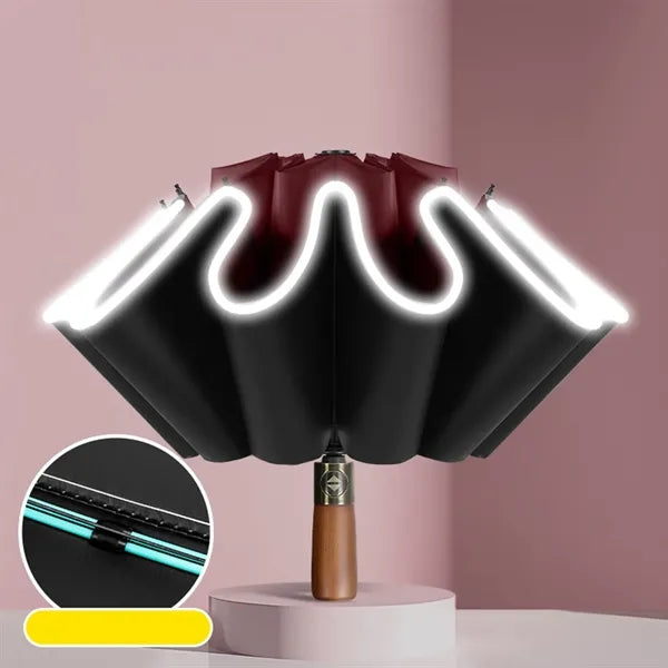Wooden Handle Folding Automatic Reflectiv Inverted Umbrella