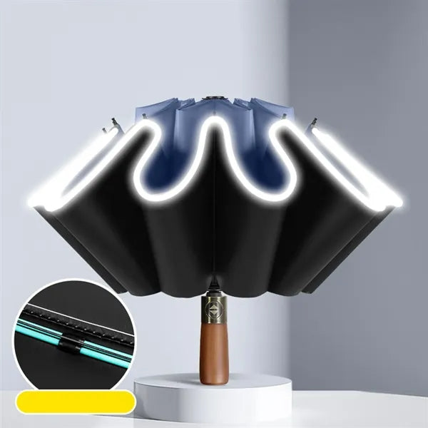 Wooden Handle Folding Automatic Reflectiv Inverted Umbrella