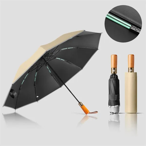 Wooden Handle Folding Automatic Reflectiv Inverted Umbrella