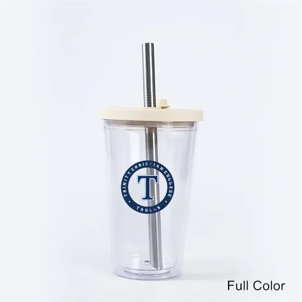 16 oz Plastic Double Wall Tumbler with Lid and Metal Straw