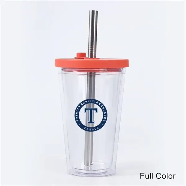 16 oz Plastic Double Wall Tumbler with Lid and Metal Straw