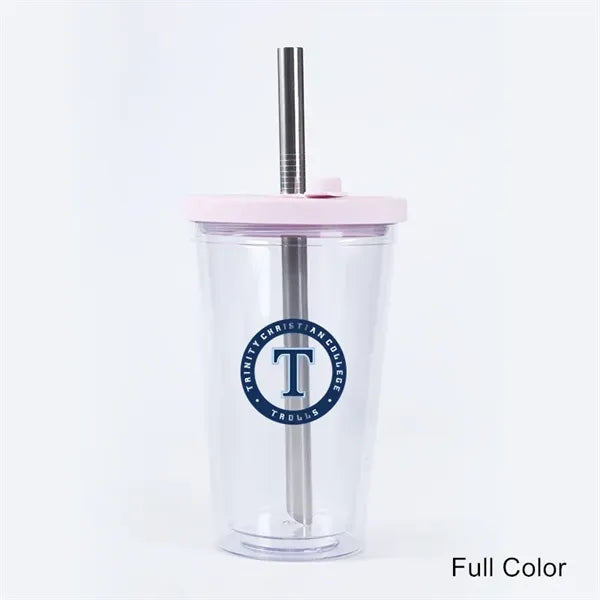 16 oz Plastic Double Wall Tumbler with Lid and Metal Straw