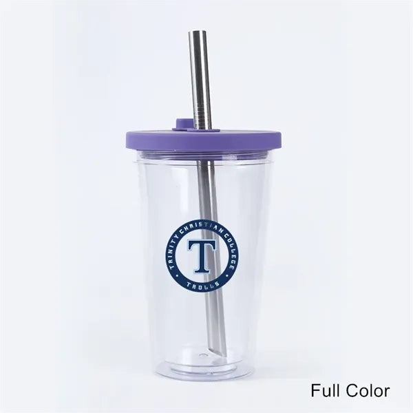 16 oz Plastic Double Wall Tumbler with Lid and Metal Straw