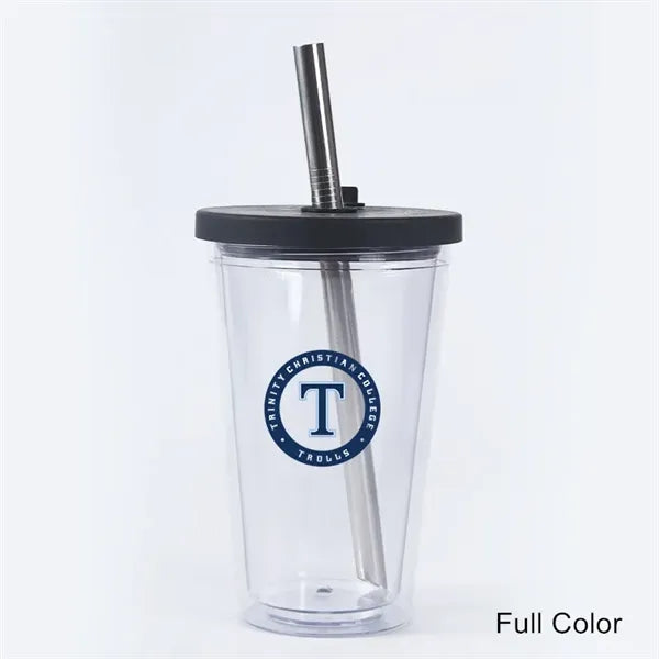 16 oz Plastic Double Wall Tumbler with Lid and Metal Straw