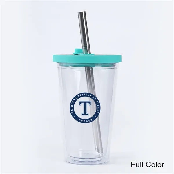 16 oz Plastic Double Wall Tumbler with Lid and Metal Straw