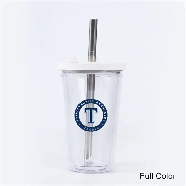 16 oz Plastic Double Wall Tumbler with Lid and Metal Straw