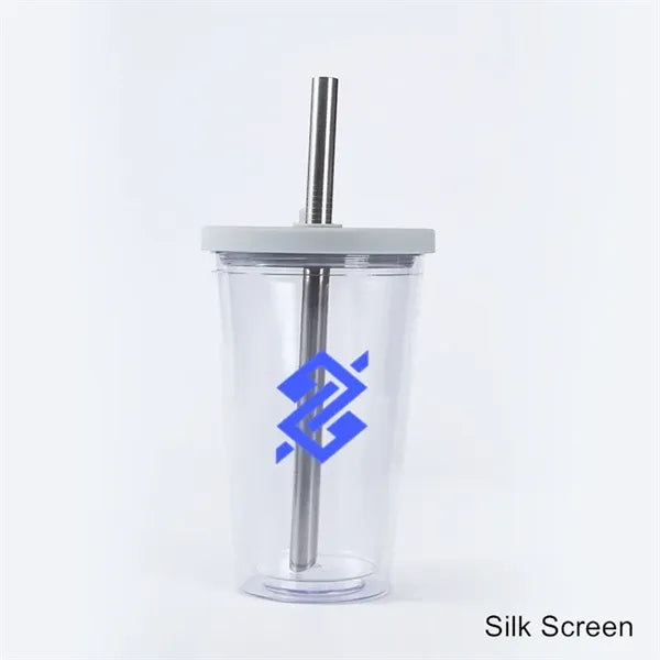 16 oz Plastic Double Wall Tumbler with Lid and Metal Straw