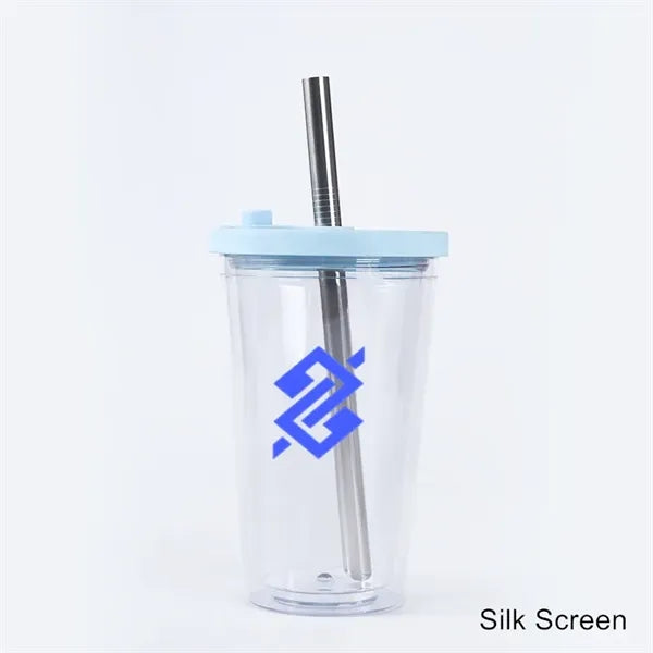 16 oz Plastic Double Wall Tumbler with Lid and Metal Straw