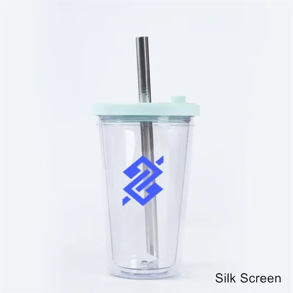 16 oz Plastic Double Wall Tumbler with Lid and Metal Straw