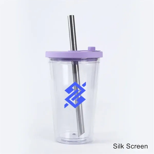 16 oz Plastic Double Wall Tumbler with Lid and Metal Straw