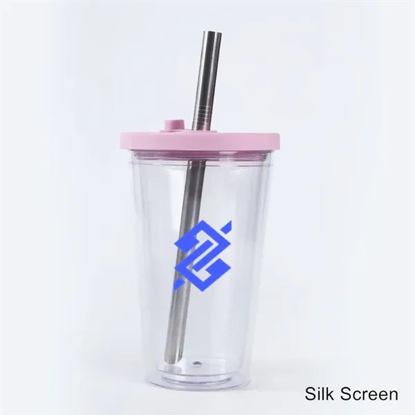 16 oz Plastic Double Wall Tumbler with Lid and Metal Straw