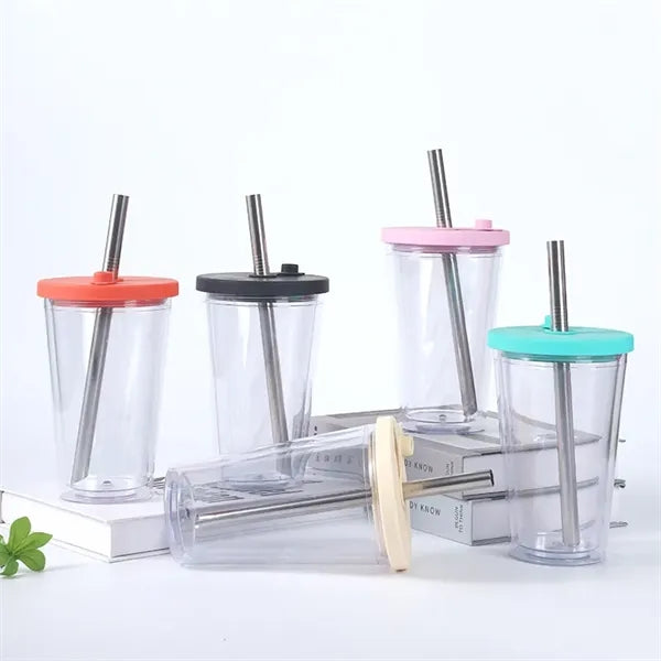 16 oz Plastic Double Wall Tumbler with Lid and Metal Straw