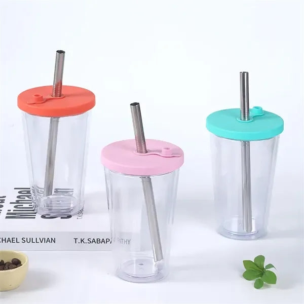 16 oz Plastic Double Wall Tumbler with Lid and Metal Straw