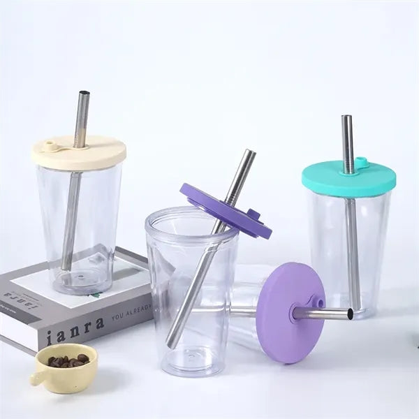 16 oz Plastic Double Wall Tumbler with Lid and Metal Straw