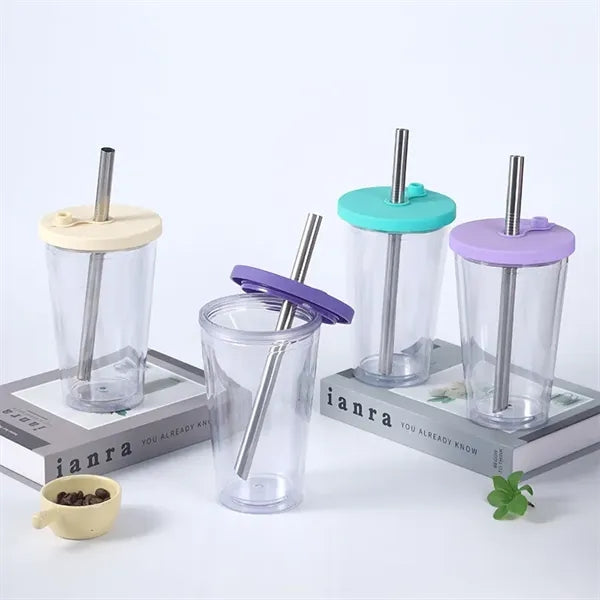 16 oz Plastic Double Wall Tumbler with Lid and Metal Straw
