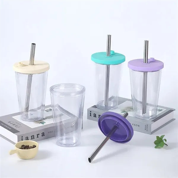 16 oz Plastic Double Wall Tumbler with Lid and Metal Straw