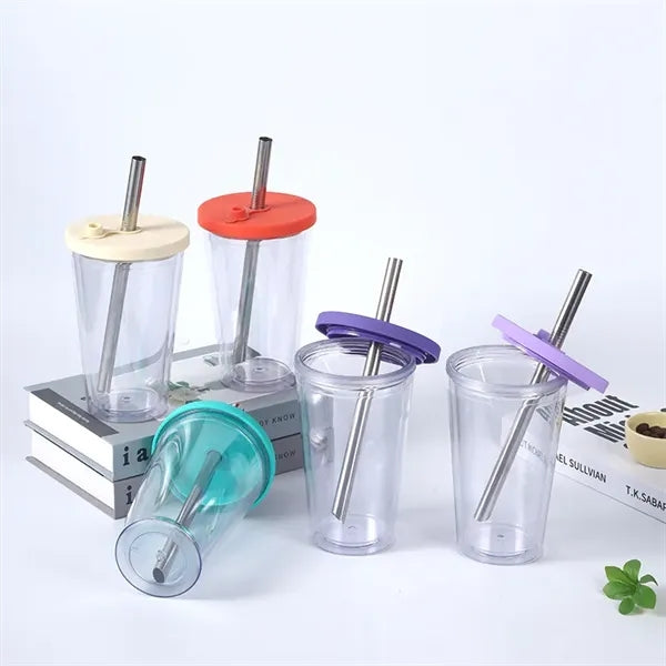 16 oz Plastic Double Wall Tumbler with Lid and Metal Straw