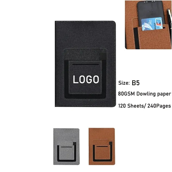 B5 PU Leather Lined Notebook W/Front Pocket & Card Holder
