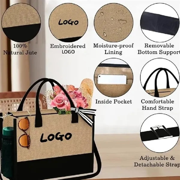 Jute Tote & Makeup Bag with Zipper Adjustable Strap Gift