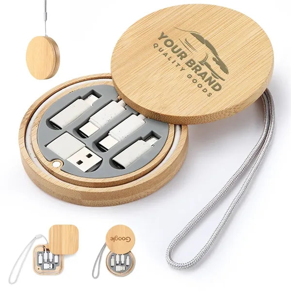 Multi USB Adapter Kit Fast Charging Cable Bamboo Storage Box