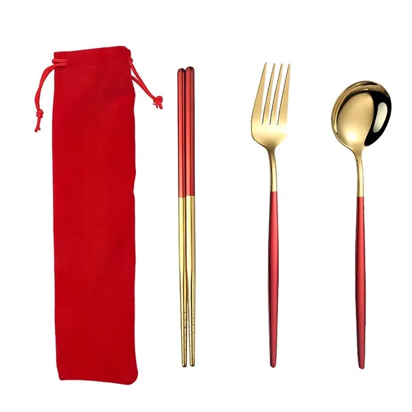 Stainless Steel Gold Cutlery 4 Piece Set with Pouch