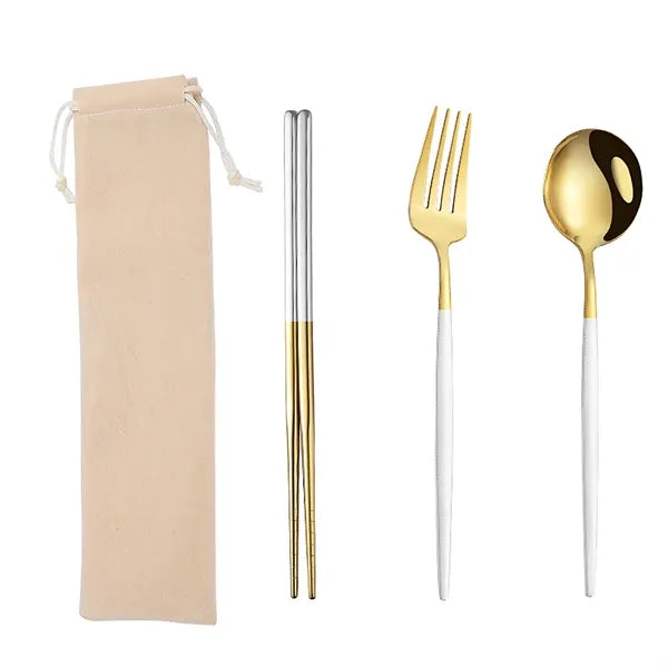 Stainless Steel Gold Cutlery 4 Piece Set with Pouch