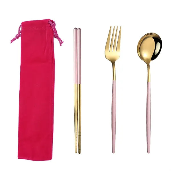 Stainless Steel Gold Cutlery 4 Piece Set with Pouch