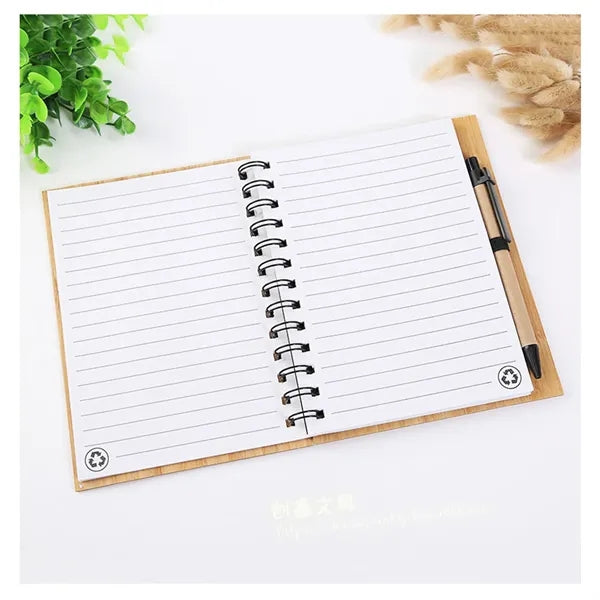 Bamboo Cover Spiral Notebook w/Pen