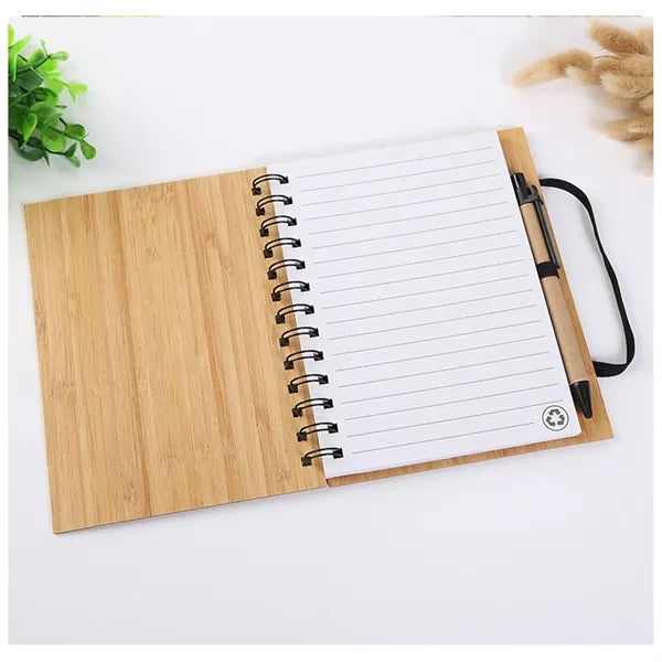 Bamboo Cover Spiral Notebook w/Pen