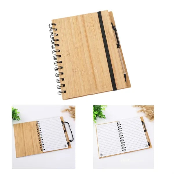 Bamboo Cover Spiral Notebook w/Pen
