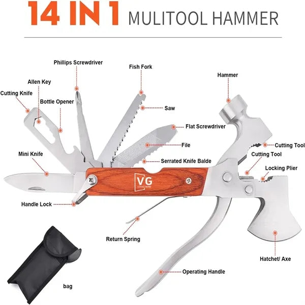 14 in 1 Multifunction Portable Folding Wood Handle Stainles