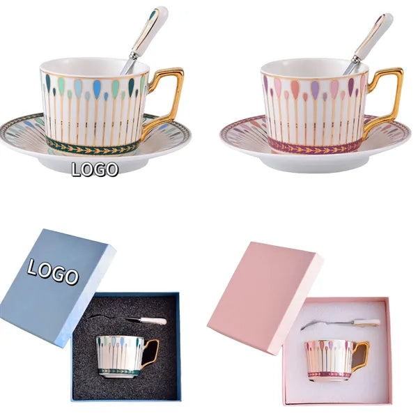 Gold Rimmed Ceramic Coffee Cup with Saucer/Spoon