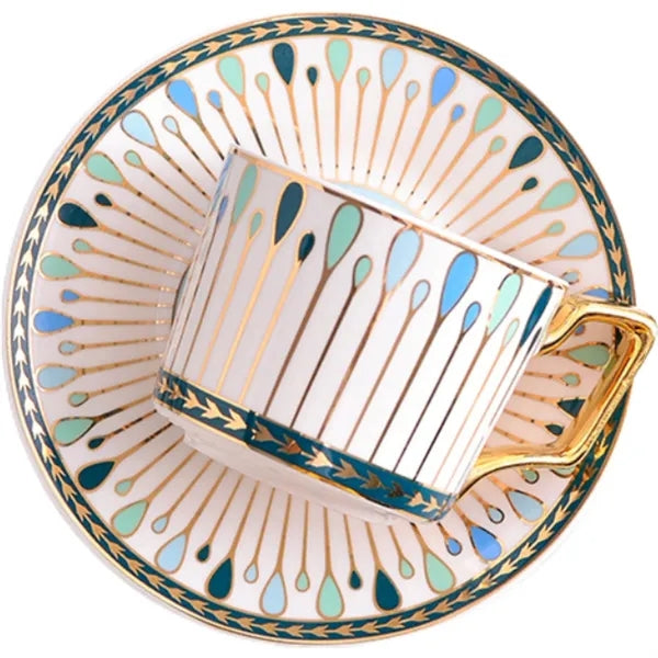 Gold Rimmed Ceramic Coffee Cup with Saucer/Spoon
