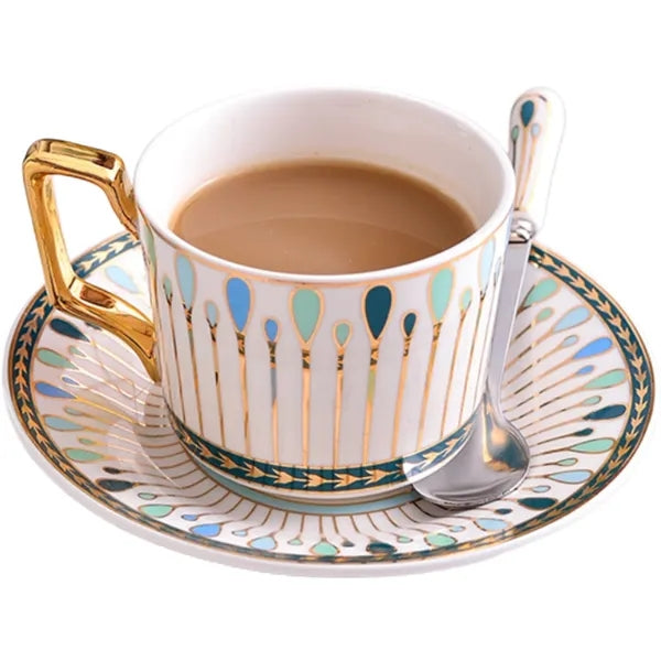 Gold Rimmed Ceramic Coffee Cup with Saucer/Spoon