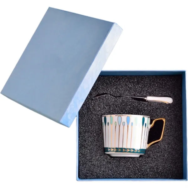 Gold Rimmed Ceramic Coffee Cup with Saucer/Spoon