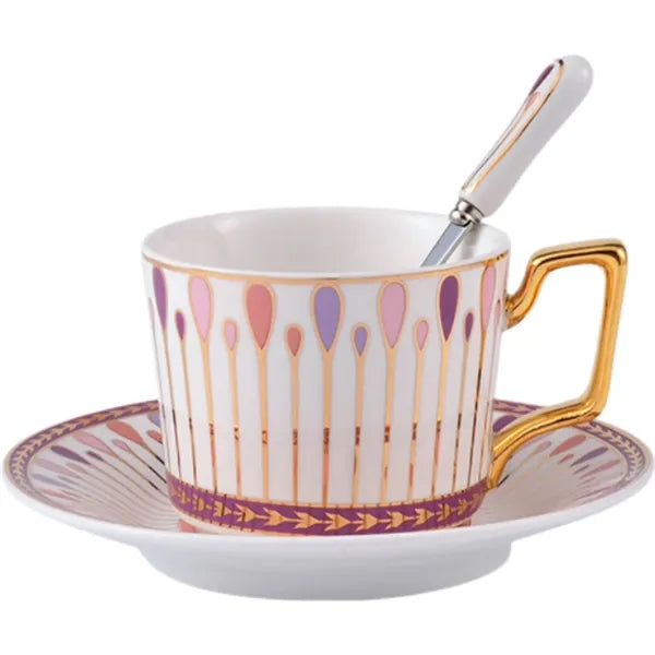 Gold Rimmed Ceramic Coffee Cup with Saucer/Spoon