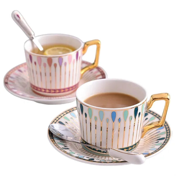 Gold Rimmed Ceramic Coffee Cup with Saucer/Spoon