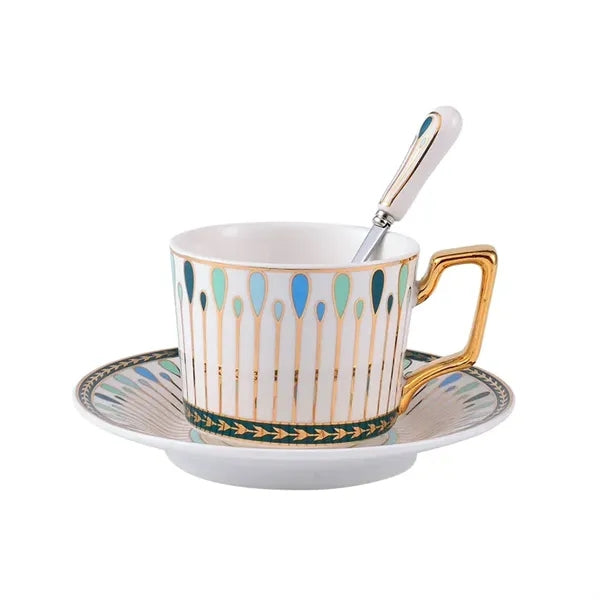 Gold Rimmed Ceramic Coffee Cup with Saucer/Spoon