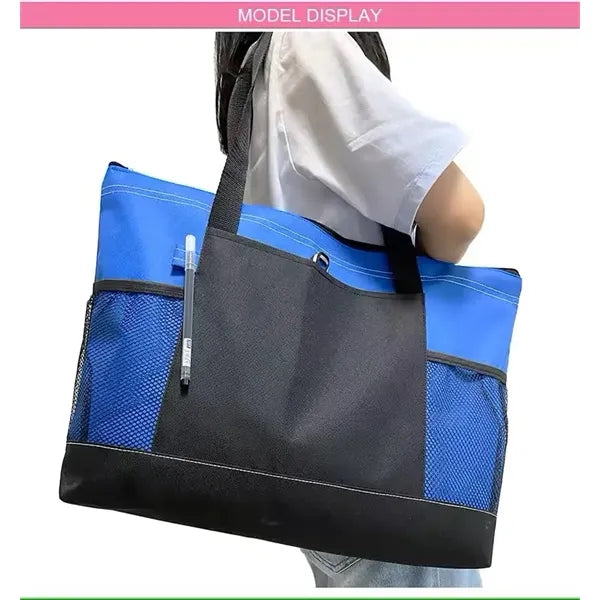 Large Capacity Multicolor Shopping Tote Bag With Mesh Pocket