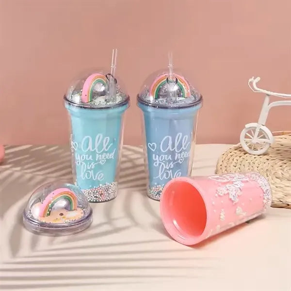 16oz Double Wall Plastic Bottle Water Tumblers With Straw
