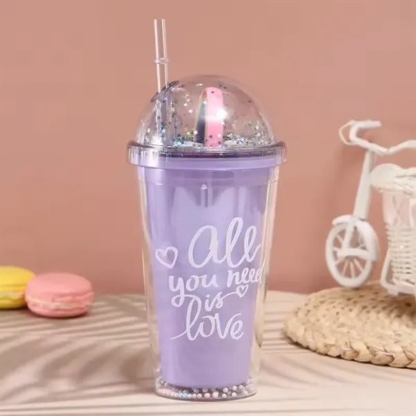 16oz Double Wall Plastic Bottle Water Tumblers With Straw