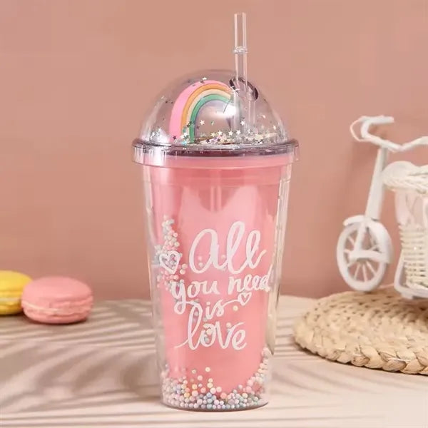 16oz Double Wall Plastic Bottle Water Tumblers With Straw