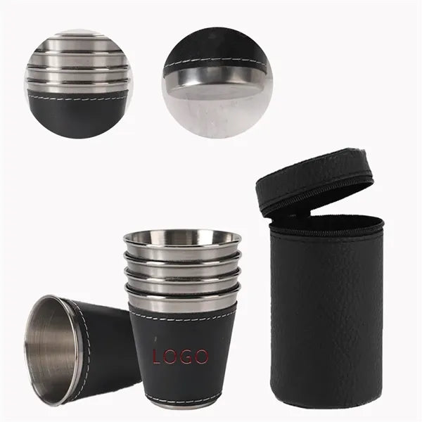 2oz Stainless Steel Leather Set Of Four Wine Glasses