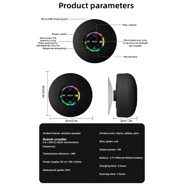 Large Suction Cup Wireless-Bluetooth Speaker With LED Light